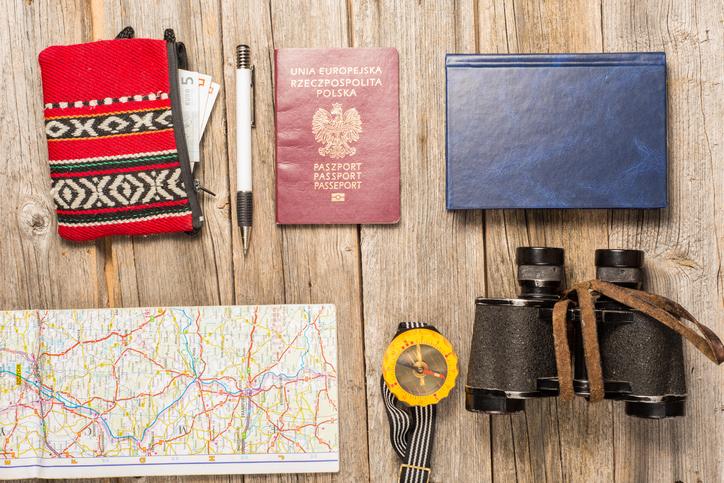 Book, passport, map and binoculars