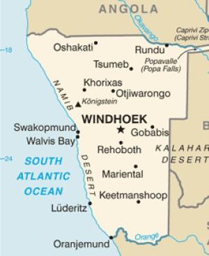 Map of Namibia showing the main towns