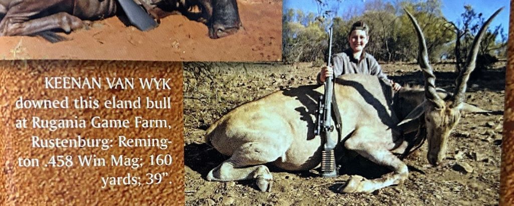 image of a magazine article featuring a boy and eland bull he hunted
