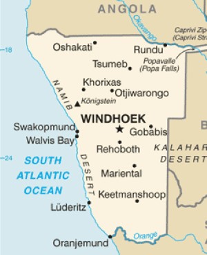 Map of Namibia showing the main towns